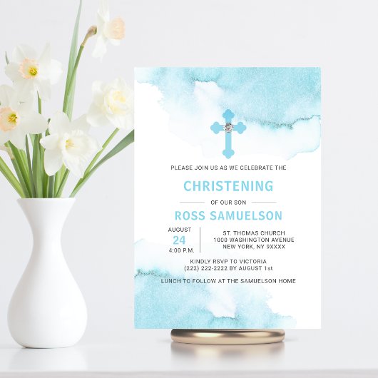 Invitation Aquarelle moderne bleu garçon Baptême Christening