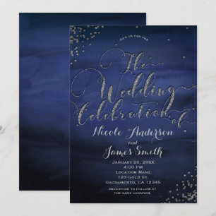 Invitation Aquarelle moderne Bleu Mariage d'argent Célébratio