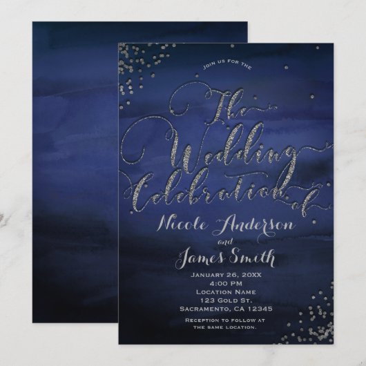 Invitation Aquarelle moderne Bleu Mariage d'argent Célébratio (Devant / Derrière)