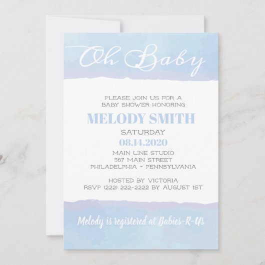 Invitation Aquarelle moderne bleu OH Baby shower BÉBÉ (Devant)