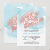 Invitation Aquarelle moderne bleu Rose or Oh Baby shower (Devant / Derrière)