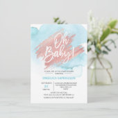 Invitation Aquarelle moderne bleu Rose or Oh Baby shower (Debout devant)