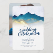 Invitation Aquarelle moderne Blue Gold Mountain Mariage photo (Devant / Derrière)