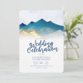 Invitation Aquarelle moderne Blue Gold Mountain Mariage photo (Debout devant)