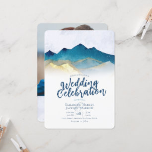 Invitation Aquarelle moderne Blue Gold Mountain Mariage photo