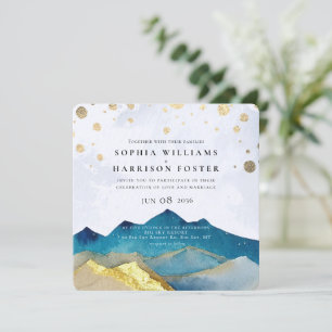 Invitation Aquarelle moderne Blue Gold Mountain Mariage photo