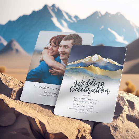 Invitation Aquarelle moderne Blue Gold Mountain Mariage photo