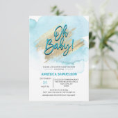 Invitation Aquarelle moderne Blue Gold Oh Baby shower (Debout devant)
