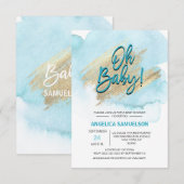 Invitation Aquarelle moderne Blue Gold Oh Baby shower (Devant / Derrière)
