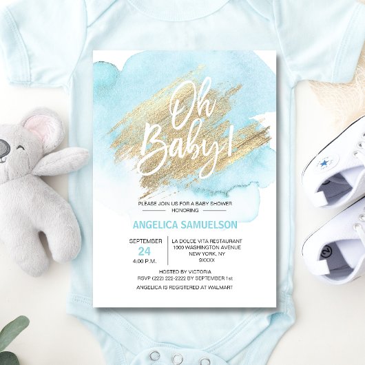 Invitation Aquarelle moderne Blue Gold Oh Baby shower