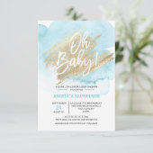Invitation Aquarelle moderne Blue Gold Oh Baby shower (Debout devant)