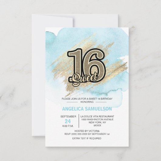 Invitation Aquarelle moderne Blue Gold Sweet 16 Seize (Devant)