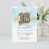 Invitation Aquarelle moderne Blue Gold Sweet 16 Seize (Debout devant)