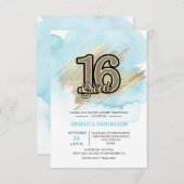 Invitation Aquarelle moderne Blue Gold Sweet 16 Seize (Devant / Derrière)