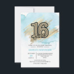 Invitation Aquarelle moderne Blue Gold Sweet 16 Seize<br><div class="desc">*** LES CARTES sont de 3, 5" x 5" cliquez sur "TAILLE" pour les GRANDES tailles *** Envoyez à vos invités ces 16 invitations douces modernes mais élégantes. Aquarelle bleu pastel clair sur arrière - plan blanc. Faux trait de brosse en or avec 16 en fausse parties scintillant !Cartes modifiables...</div>