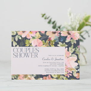 Invitation Aquarelle moderne Blush Navy Couples Floral Douche