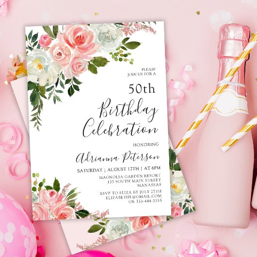 Invitation Aquarelle moderne Blush Rose Floral 50e anniversai