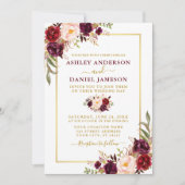Invitation Aquarelle moderne Bourgogne Floral Mariage or (Devant)