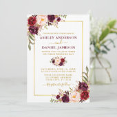 Invitation Aquarelle moderne Bourgogne Floral Mariage or (Debout devant)