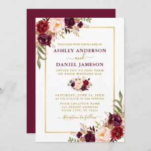 Invitation Aquarelle moderne Bourgogne Floral Mariage or