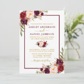 Invitation Aquarelle moderne Bourgogne Floral Mariage Or (Debout devant)