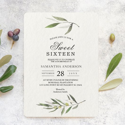 Invitation Aquarelle moderne Branche d'olive verte