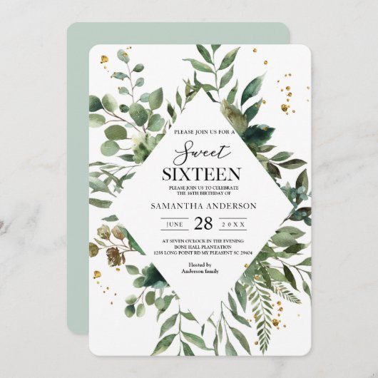 Invitation Aquarelle moderne Cadre vert & Dots Or (Devant / Derrière)