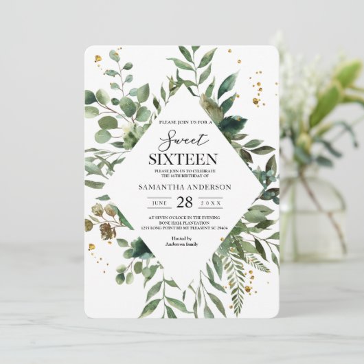 Invitation Aquarelle moderne Cadre vert & Dots Or (Debout devant)