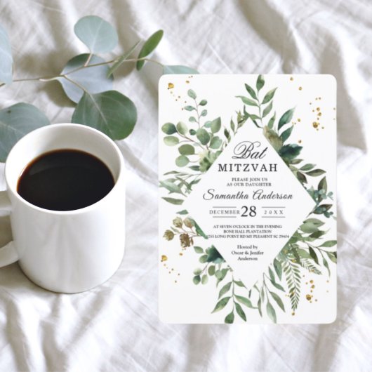 Invitation Aquarelle moderne Cadre vert & Dots Or