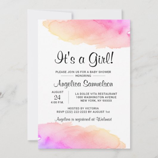 Invitation Aquarelle moderne C'EST UNE FILLE !Baby shower ros (Devant)
