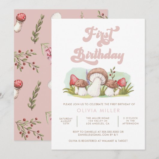 Invitation Aquarelle moderne Champignons Anniversaire (Devant / Derrière)