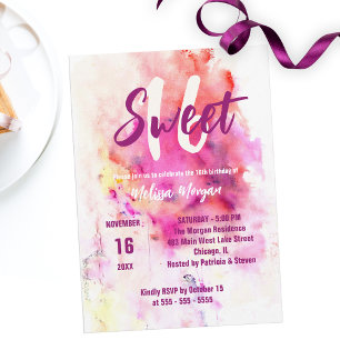 Invitation Aquarelle moderne chic artistique douce 16 Anniver