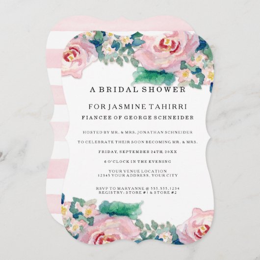 Invitation Aquarelle MODERNE Chic Large Stripes avec Rose (Devant / Derrière)