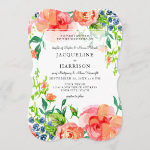 Invitation Aquarelle moderne Chute Orange Bleu Rose Floral