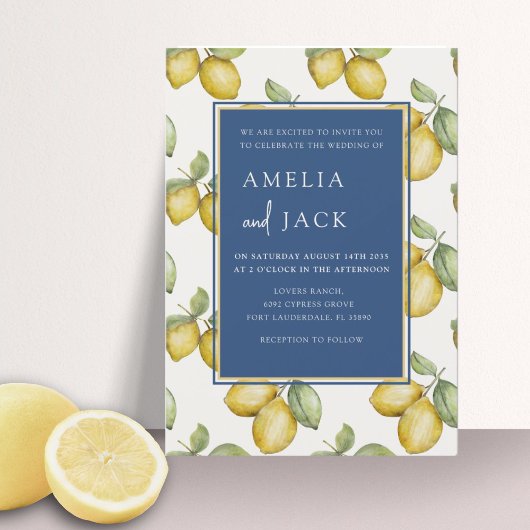 Invitation Aquarelle moderne citrons & Mariage de feuillage