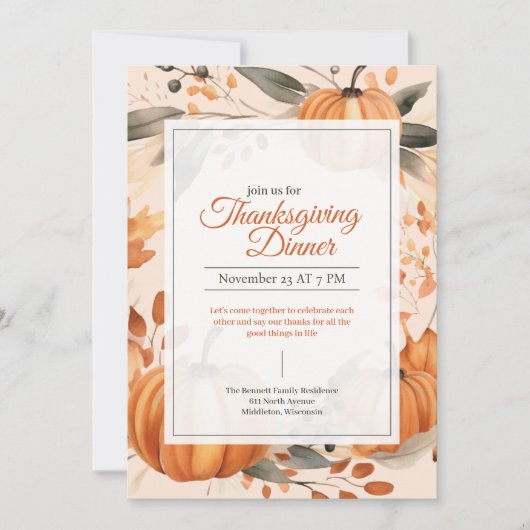 Invitation Aquarelle moderne Citrouille blanc Patch Thanksgiv (Devant)