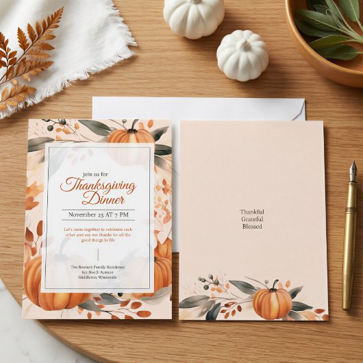 Invitation Aquarelle moderne Citrouille blanc Patch Thanksgiv