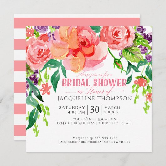 Invitation Aquarelle moderne Corail Floral Roses Rose Lavande (Devant / Derrière)