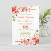 Invitation Aquarelle moderne Coral Floral Mariage or (Debout devant)