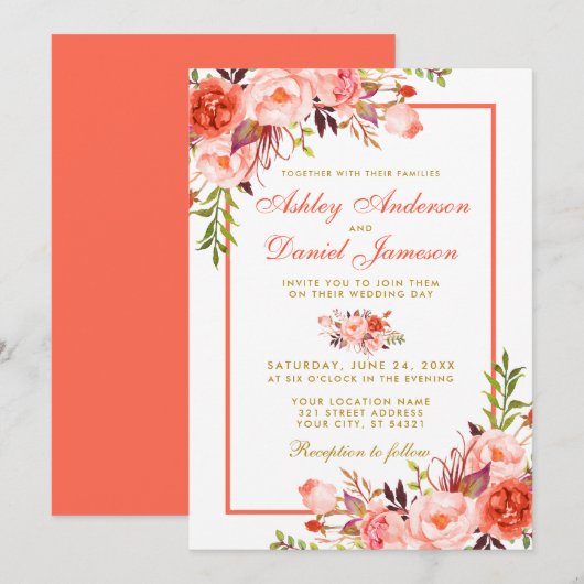 Invitation Aquarelle moderne Coral Floral Mariage or (Devant / Derrière)