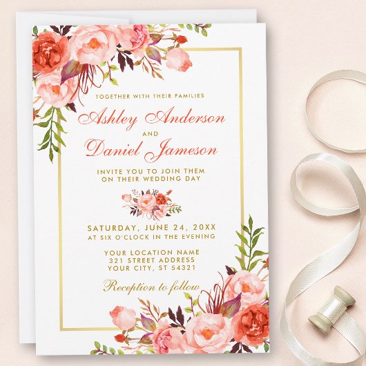 Invitation Aquarelle moderne Coral Floral Mariage Or W