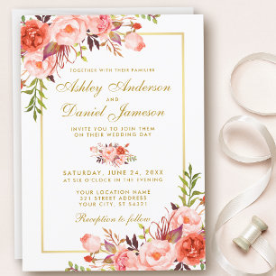 Invitation Aquarelle moderne Coral Floral Or Mariage W