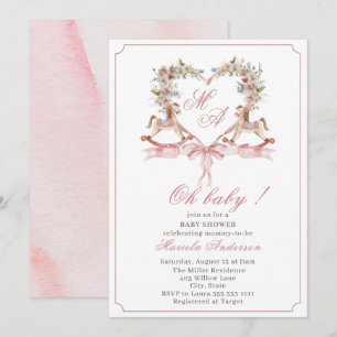 Invitation Aquarelle moderne crête rose Rockin Horse Baby Sho