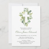 Invitation Aquarelle moderne Croix florale Sage vert Baptême (Devant)