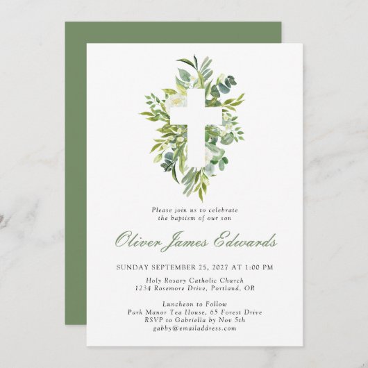Invitation Aquarelle moderne Croix florale Sage vert Baptême (Devant / Derrière)