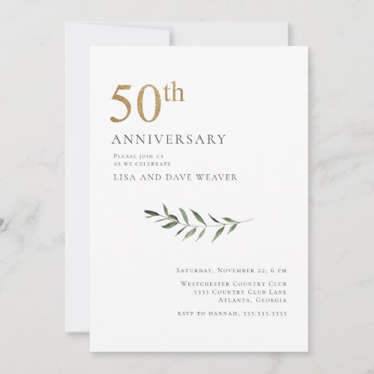 Invitation Aquarelle Moderne de Feuillage Doré 50e Anniversai (Devant)