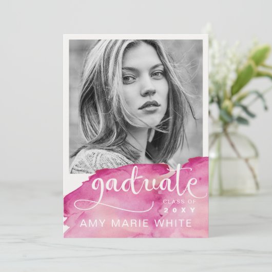 Invitation Aquarelle Moderne Design Script Photo Graduation (Debout devant)