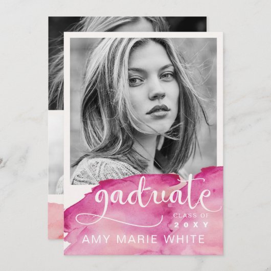 Invitation Aquarelle Moderne Design Script Photo Graduation (Devant / Derrière)