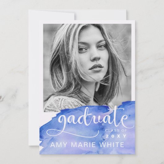 Invitation Aquarelle Moderne Design Script Photo Graduation (Devant)