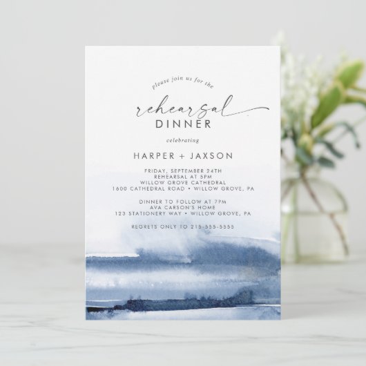 Invitation Aquarelle moderne | Dîner de répétition bleu (Debout devant)